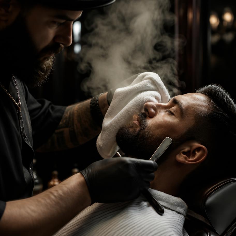 Barber shaping a beard with a straight razor