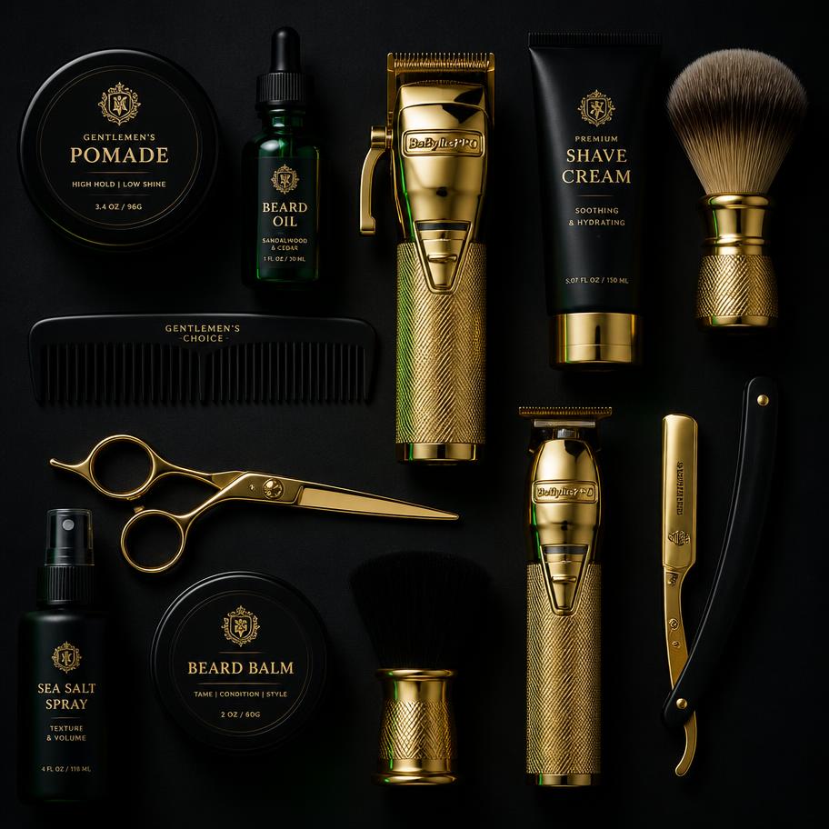Premium barber tools laid out on black surface