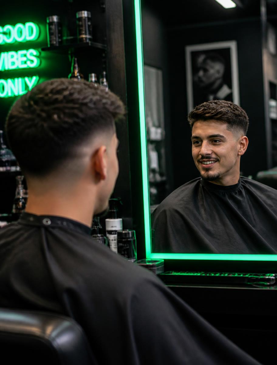 Client checking out his fresh mid fade in the mirror